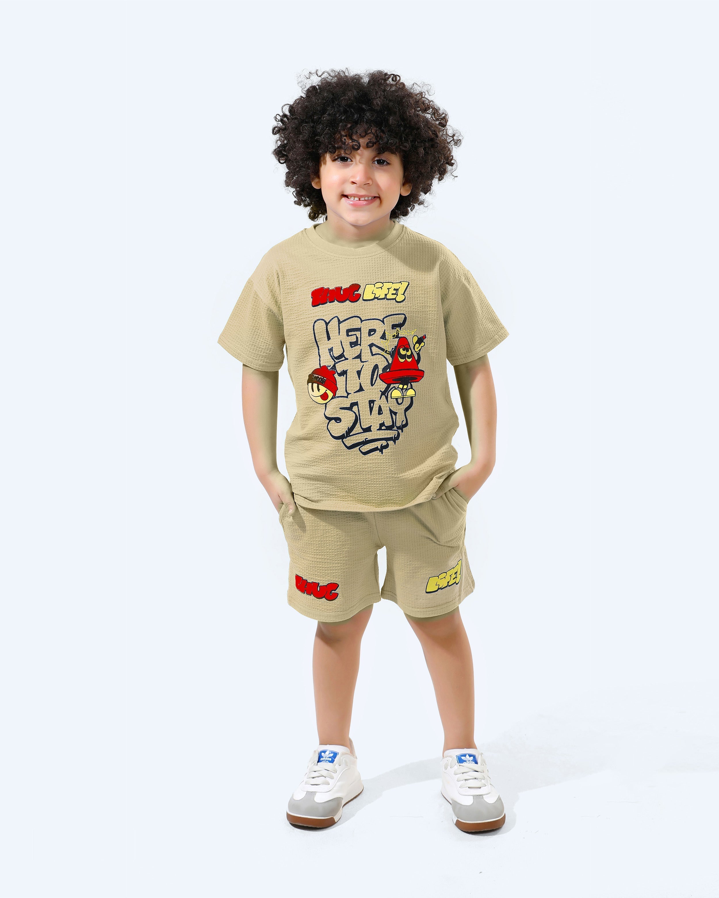 Boys "Here to Slay" Graphic Summer Shorts Set | Beige - Remint Kids Fashion