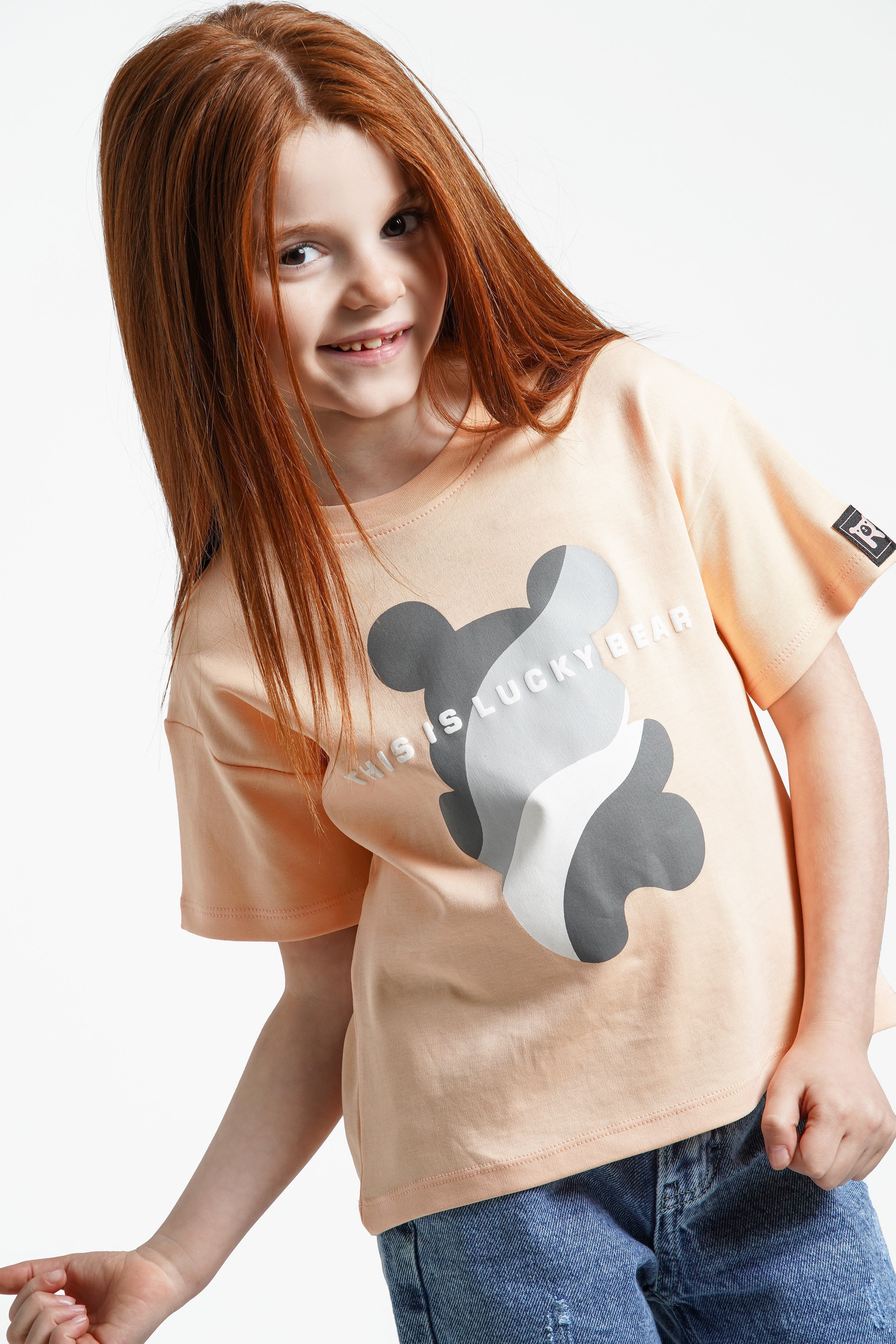 Girls Lucky Bear Cotton T-Shirt | Apricot - Remint Kids Fashion