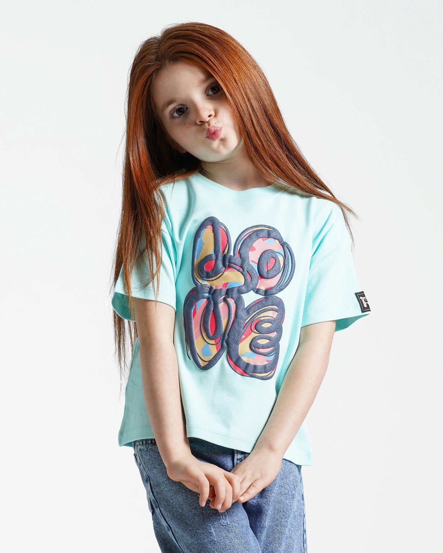 Girls Love Print Cotton T-Shirt | Aqua - Remint Kids Fashion