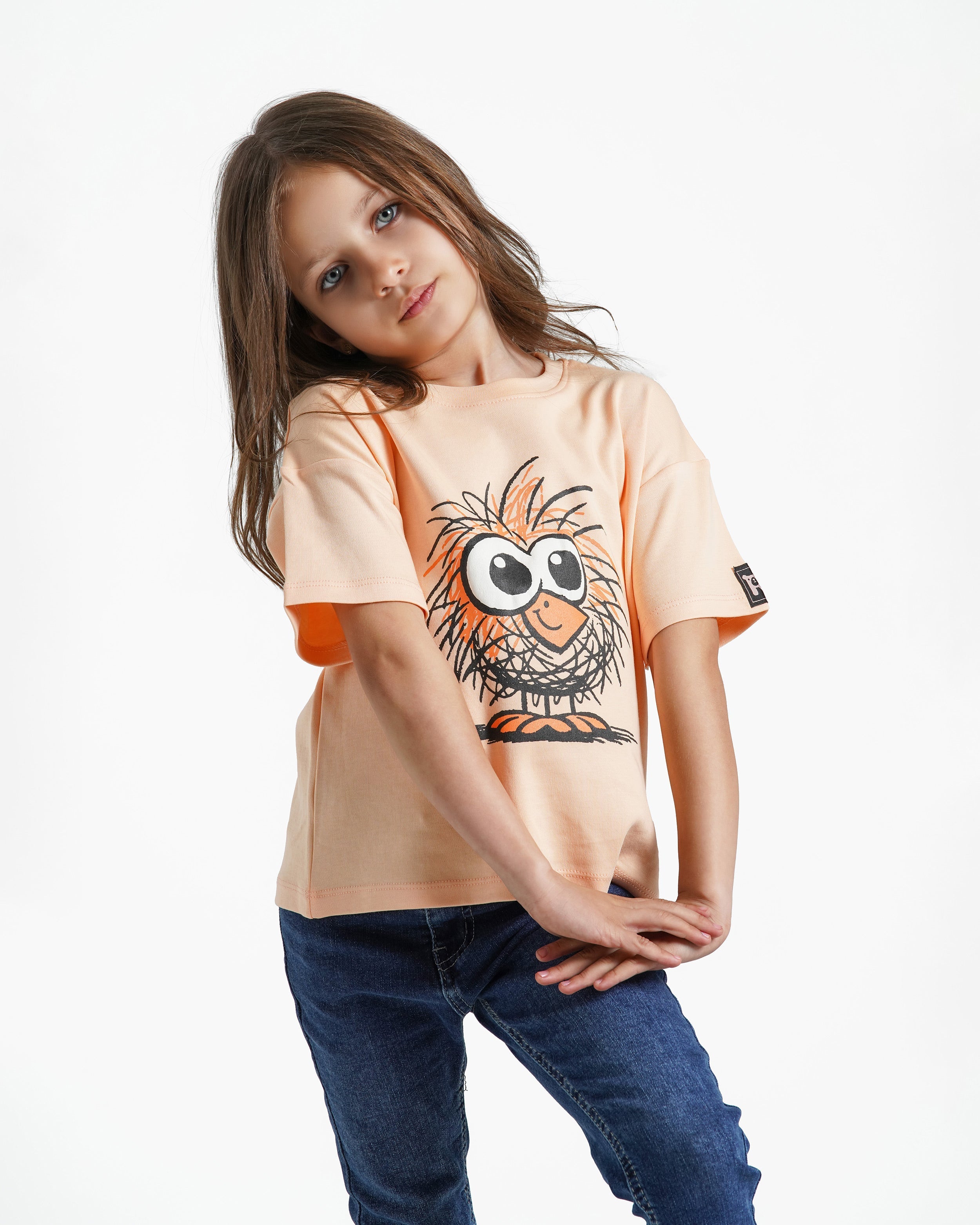Girls Fuzzy Bird Cotton T-Shirt | Apricot - Remint Kids Fashion