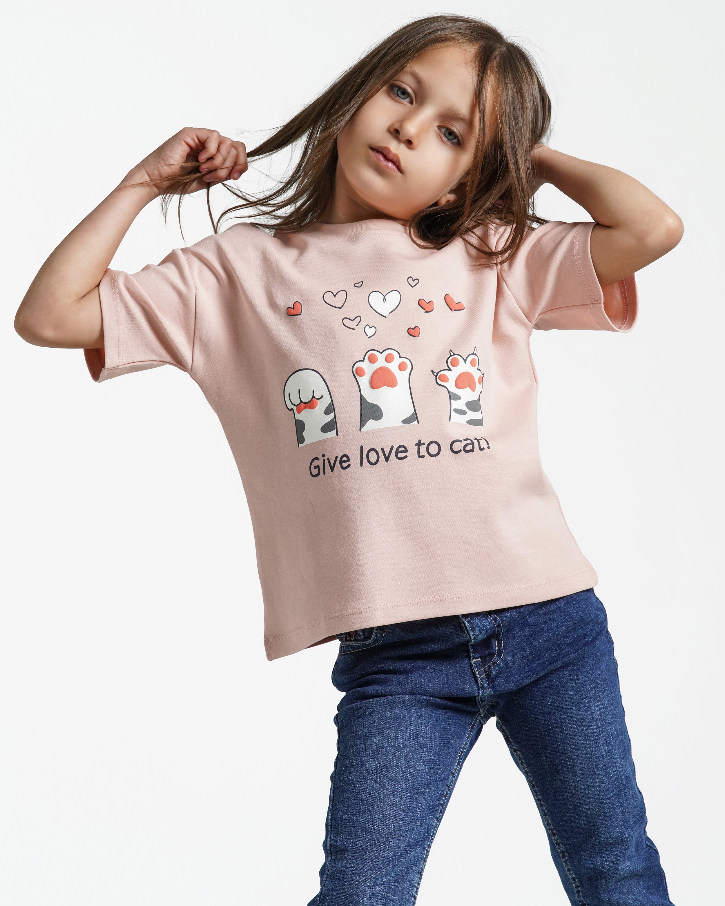 Girls Cat Love Cotton T-Shirt | Cashmere - Remint Kids Fashion