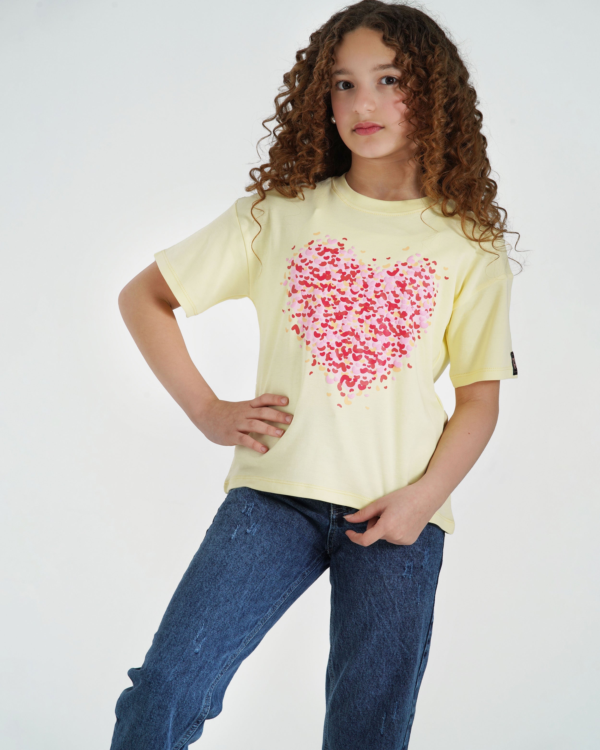 Girls Heart Confetti Cotton T-Shirt | Light Yellow - Remint Kids Fashion