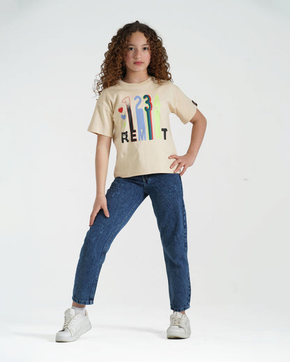 Girls Colorful Numbers Cotton T-Shirt | Beige - Remint Kids Fashion