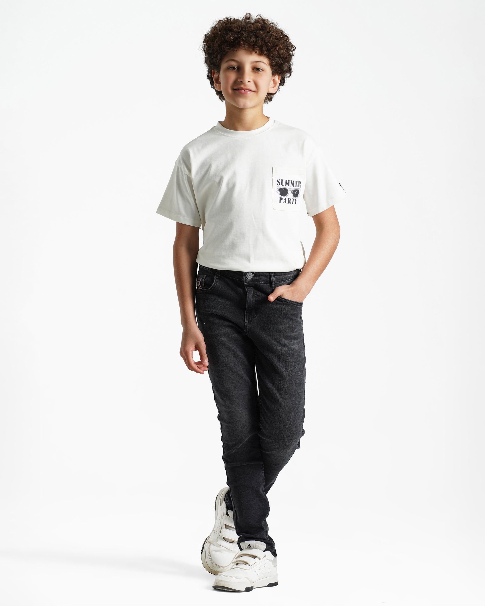 Boys Summer Party Pocket Graphic T-Shirt | Off-White - Remint Kids Fashion