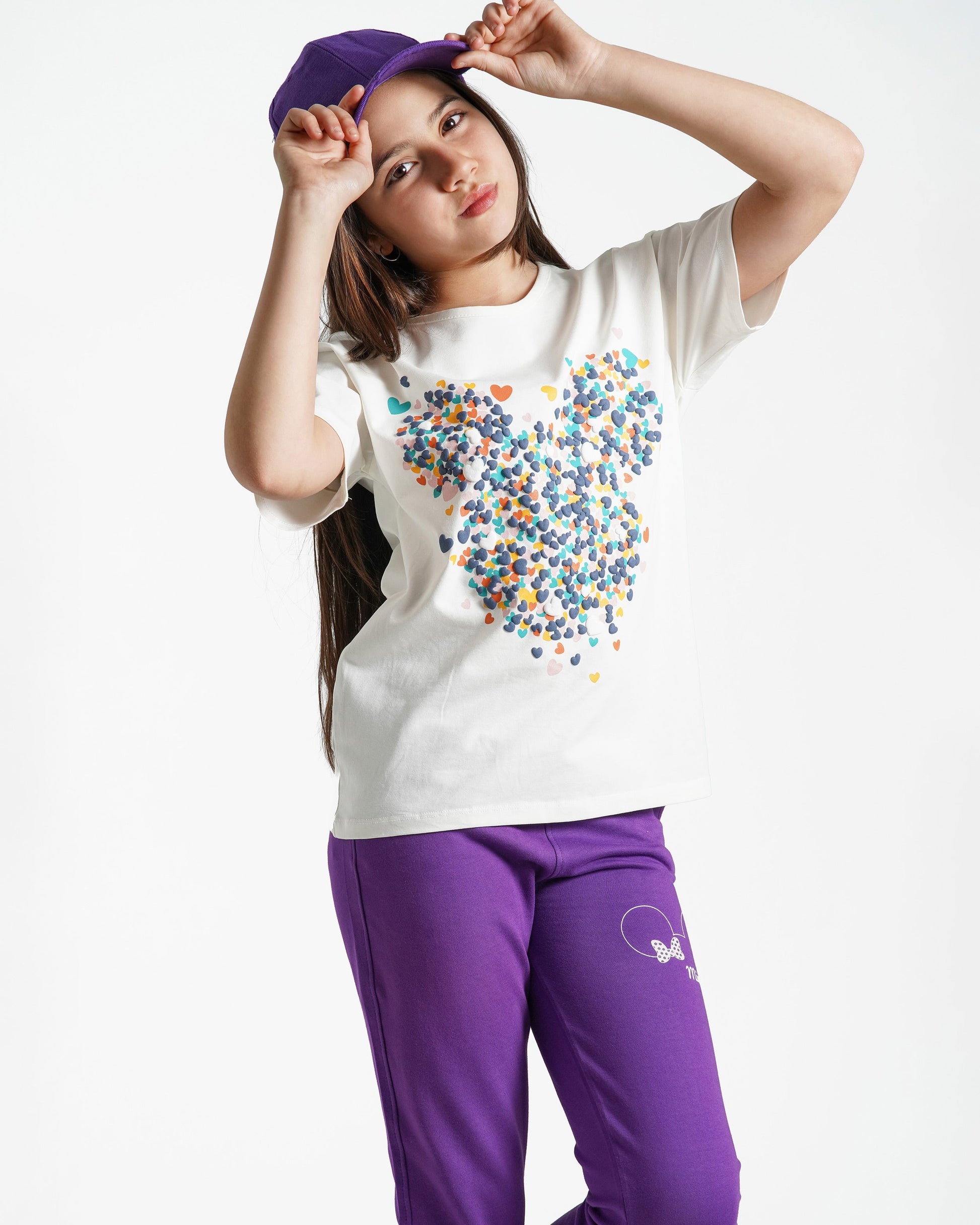 Girls Heart Mouse Print Jogger Set (Off-White)