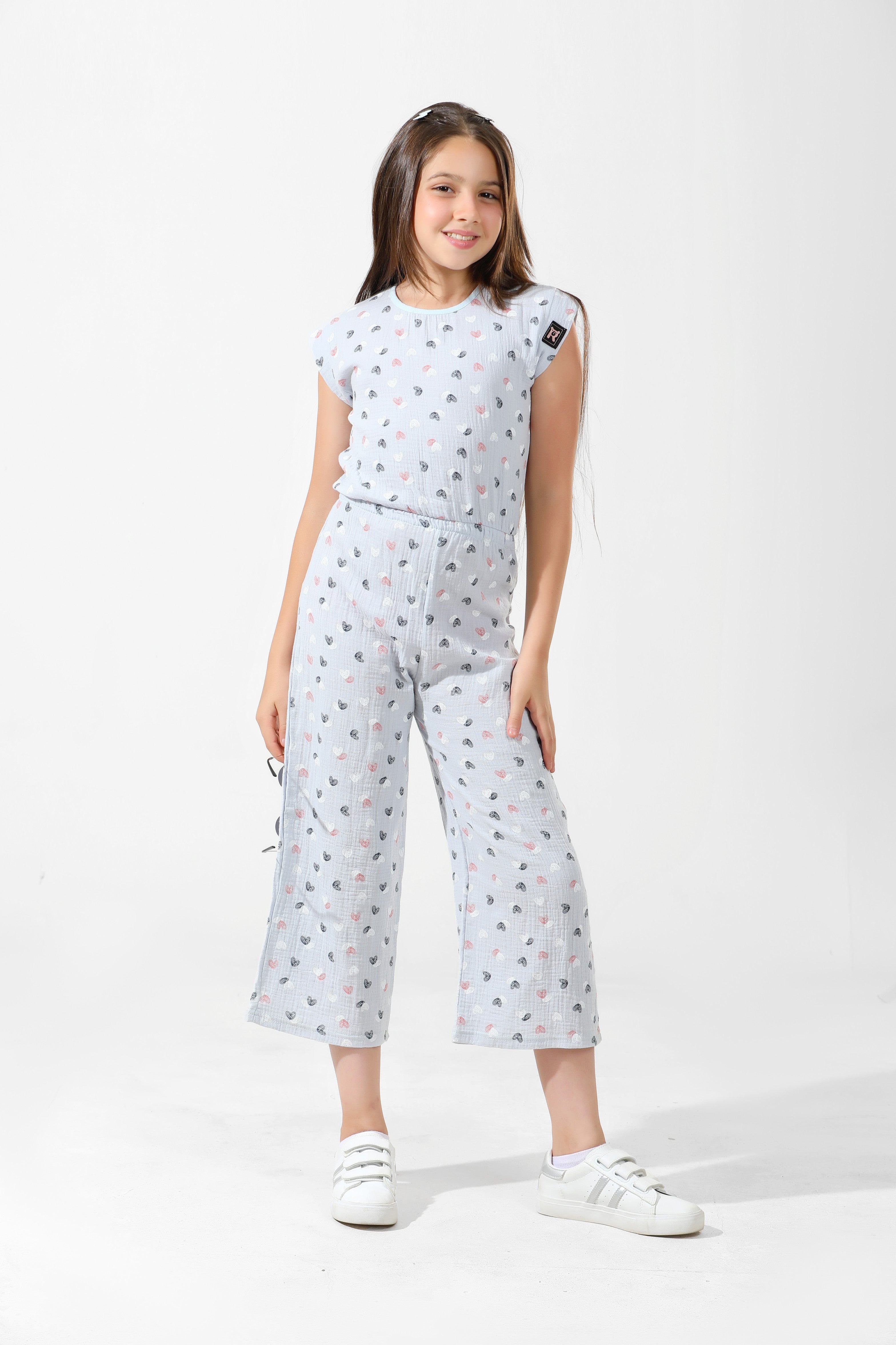 Girls' Sky Blue Heart Cotton Jumpsuit