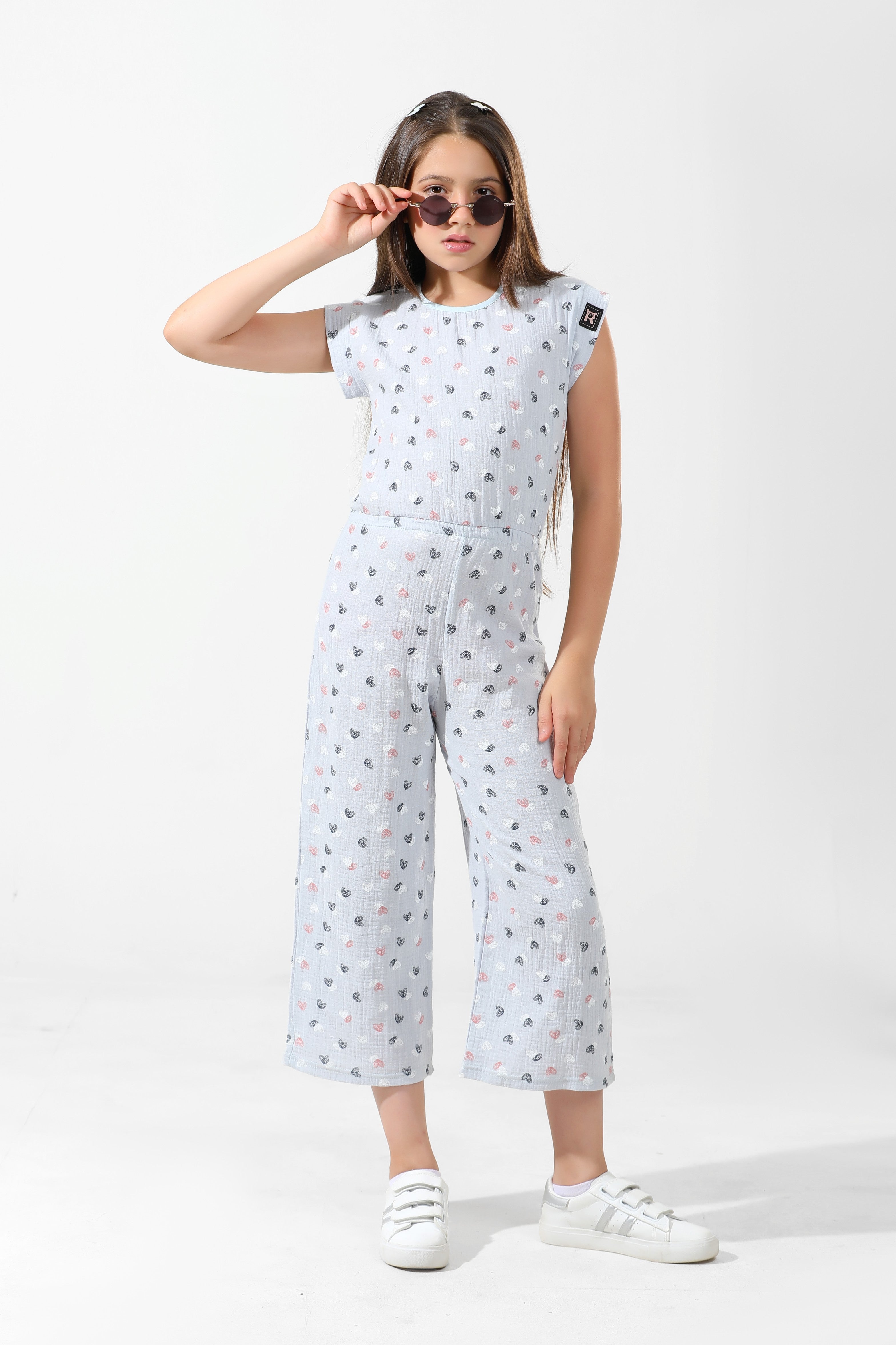 Girls' Sky Blue Heart Cotton Jumpsuit