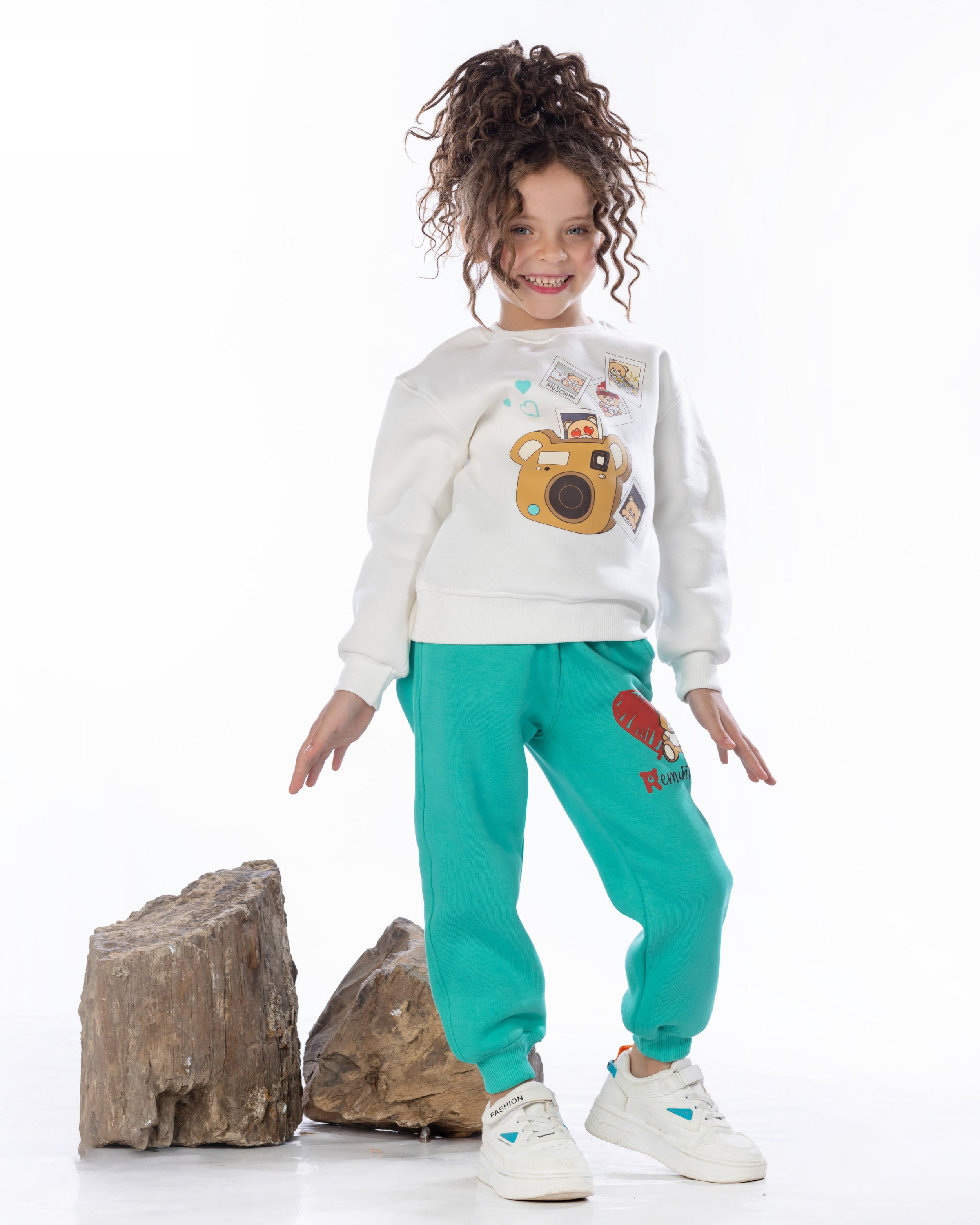 Girls Cotton Sweatshirt & Jogger Set | White - Remint Kids Fashion
