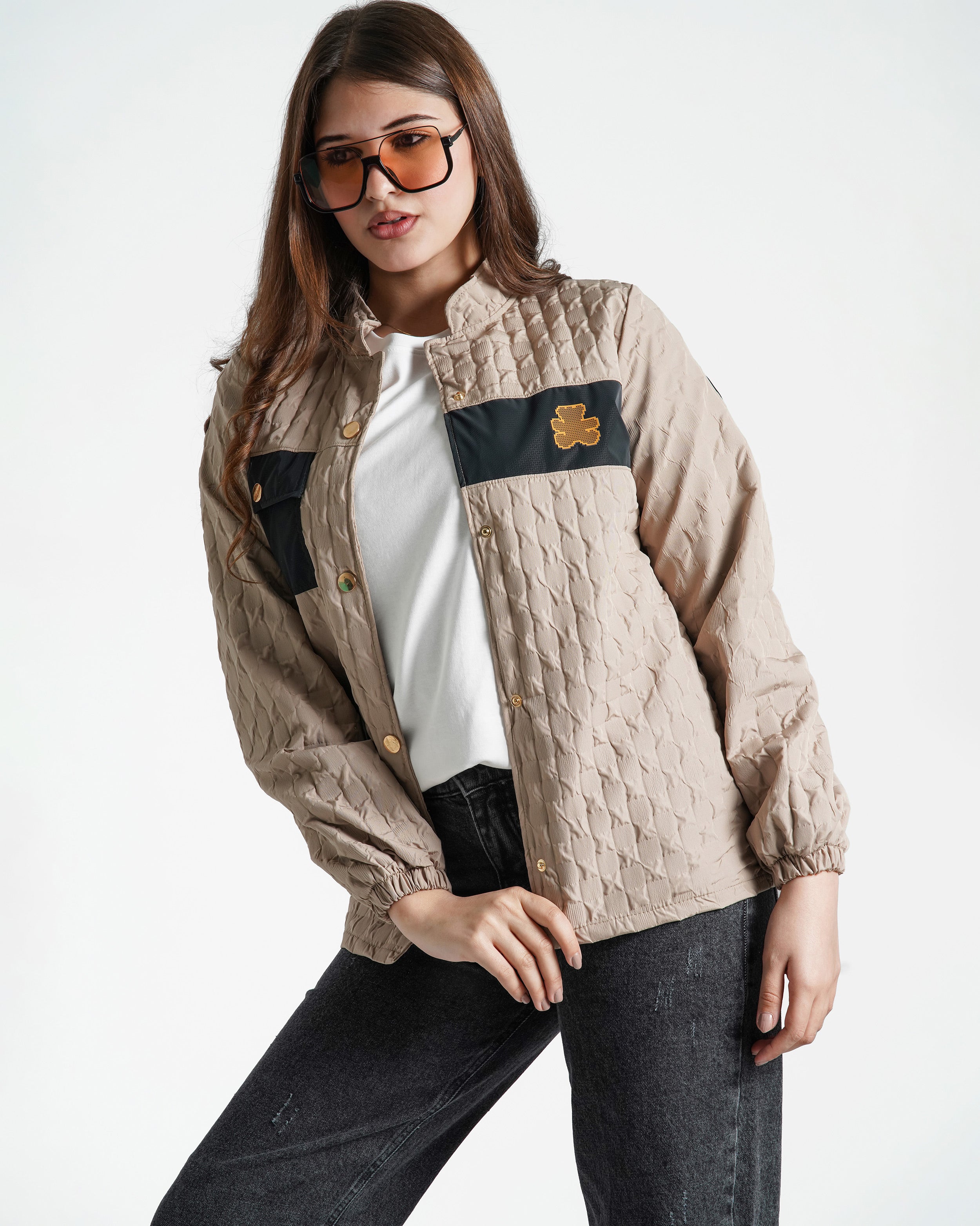 Teen Girls Quilted Contrast-Pocket Jacket | Beige - Remint Kids Fashion