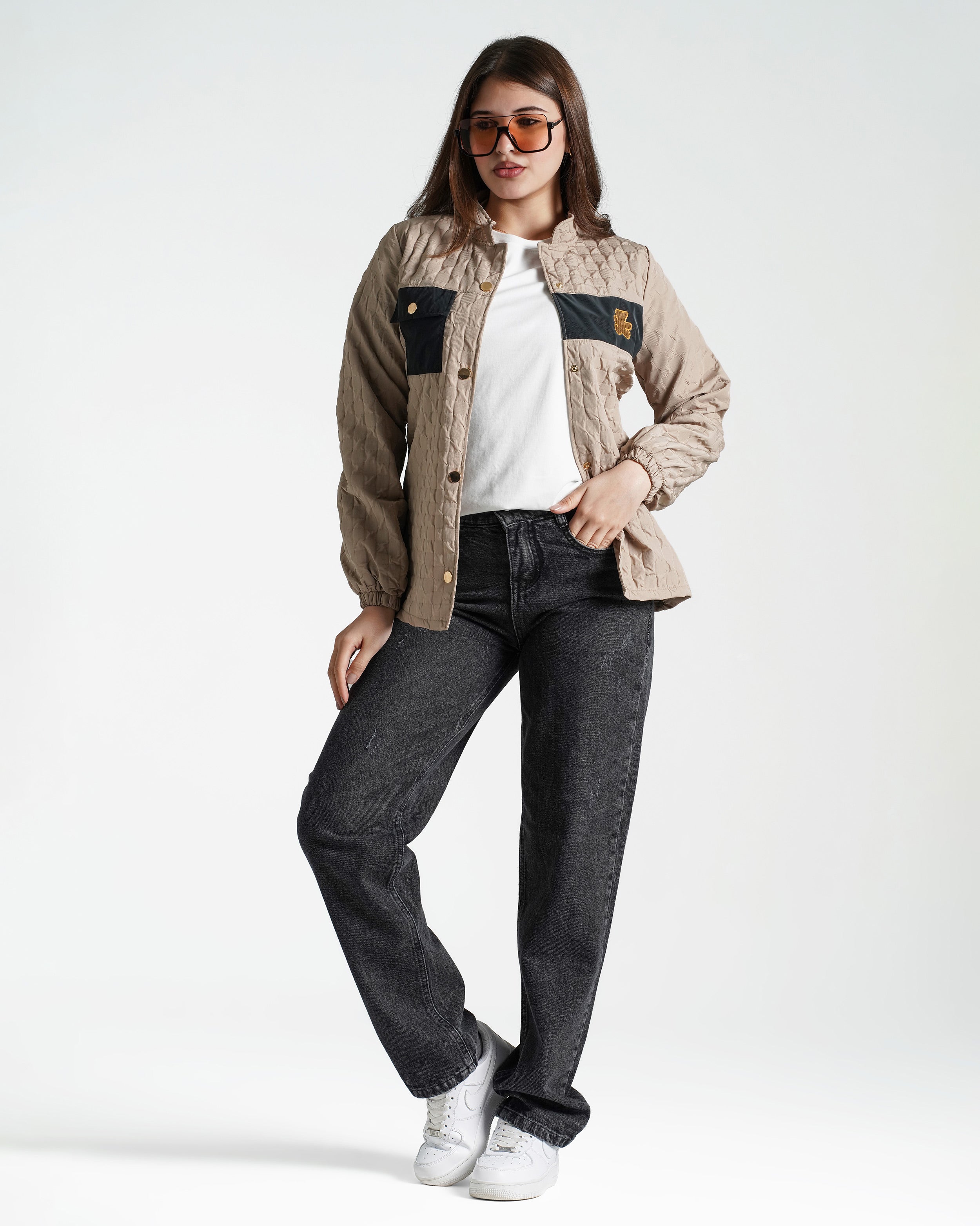 Teen Girls Quilted Contrast-Pocket Jacket | Beige - Remint Kids Fashion