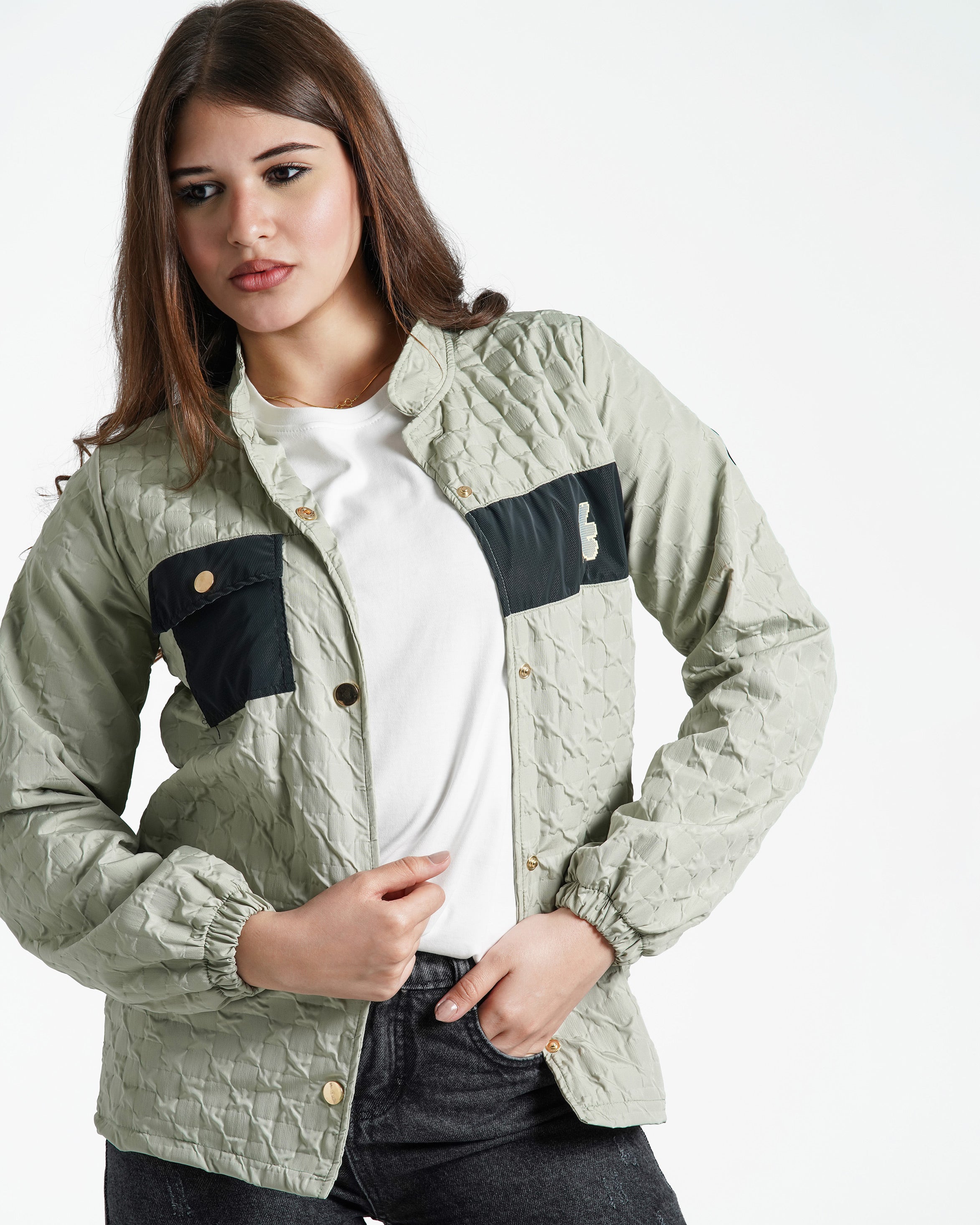 Teen Girls Quilted Contrast-Pocket Jacket | Mint - Remint Kids Fashion