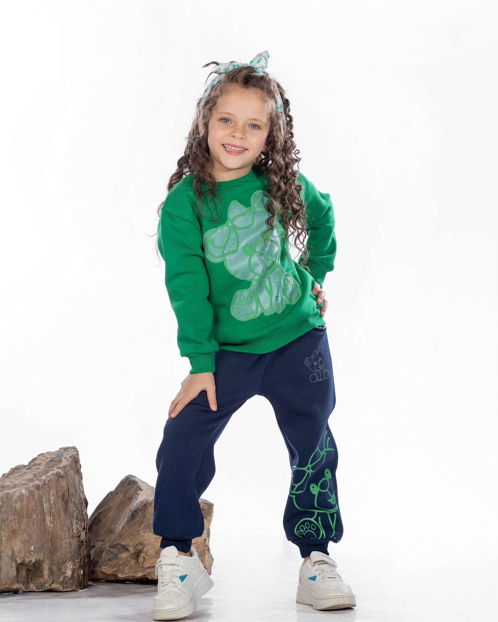 Girls Cotton Sweatshirt & Jogger Set | Green - Remint Kids Fashion