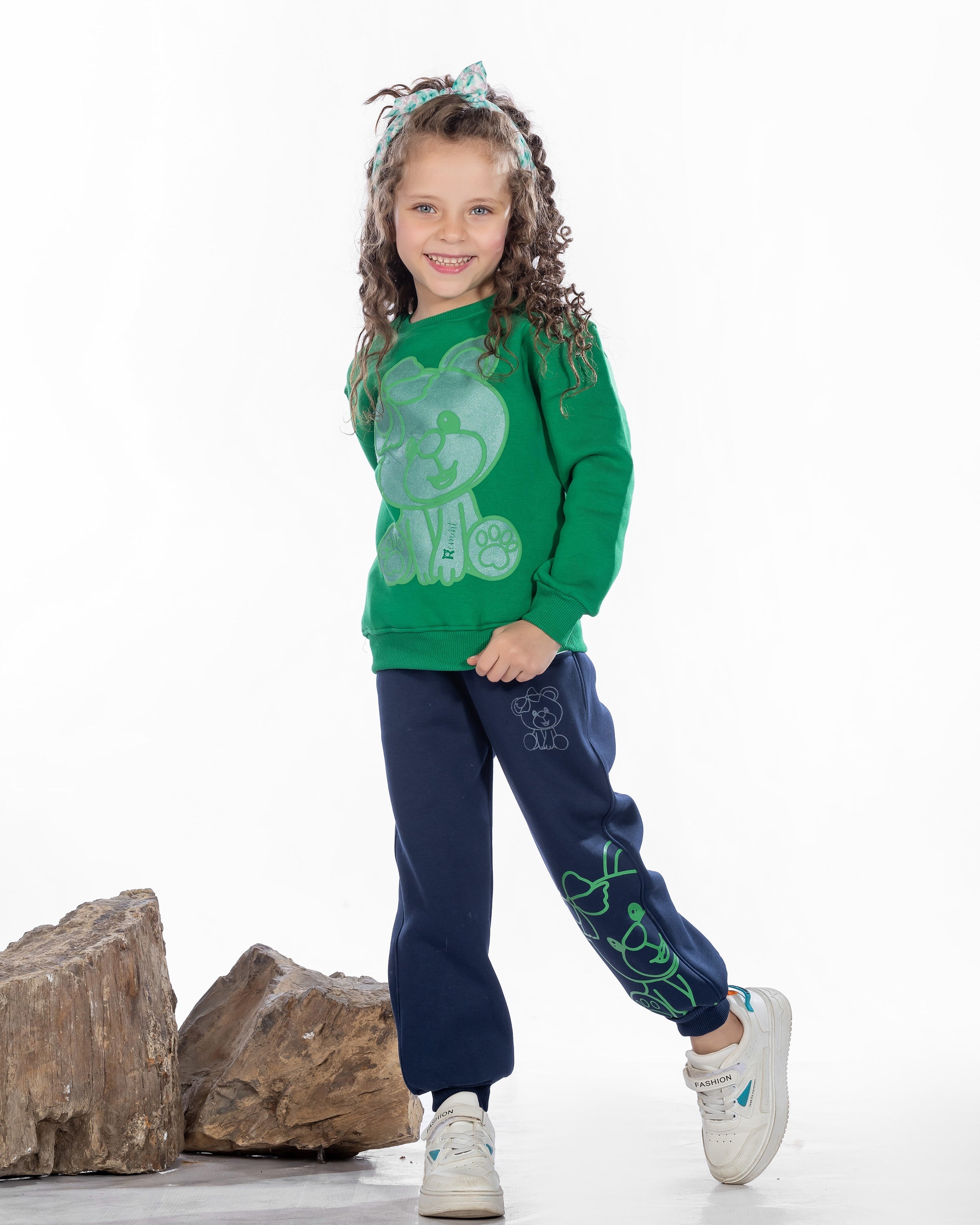 Girls Cotton Sweatshirt & Jogger Set | Green - Remint Kids Fashion