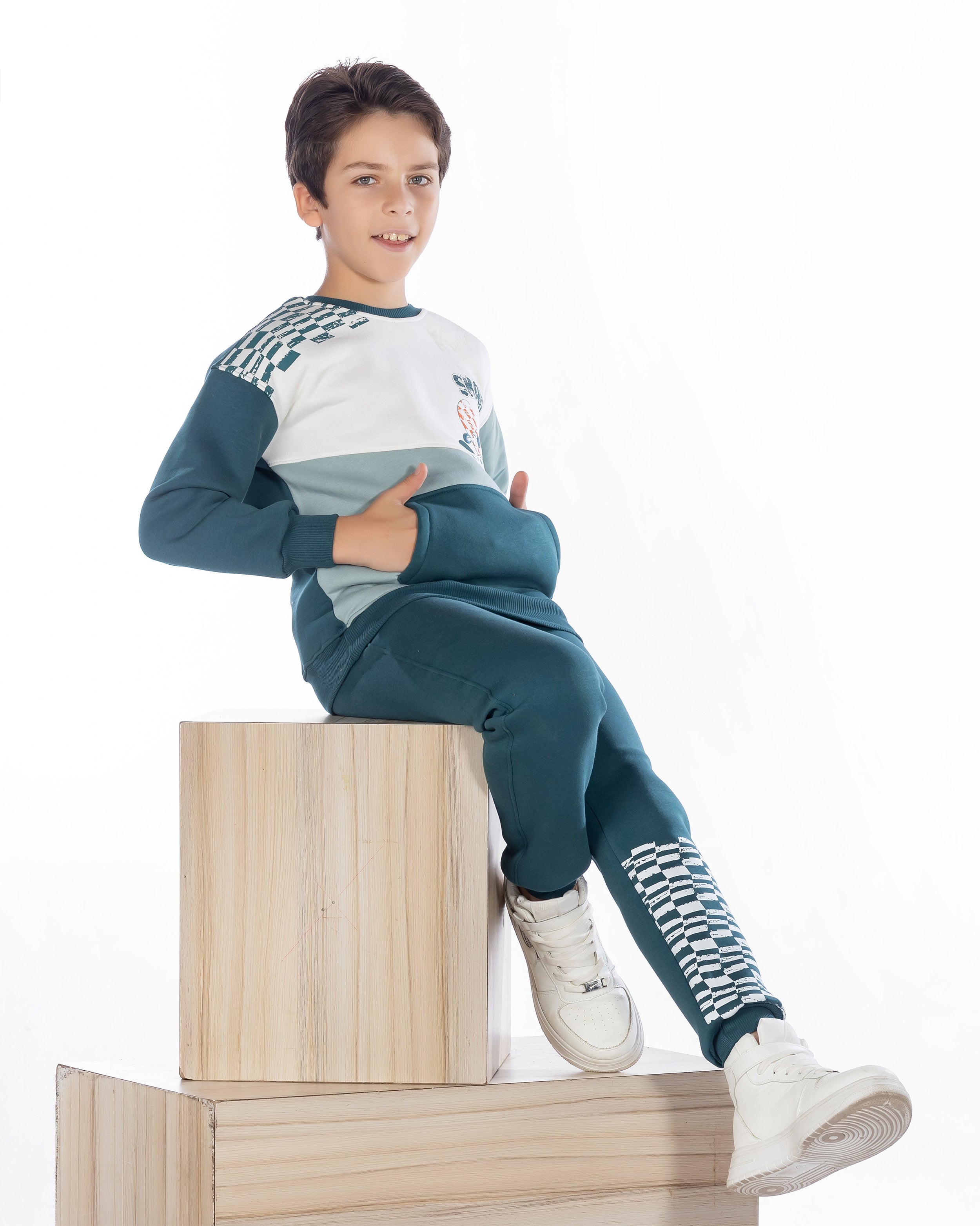 Boys Cotton Sweatshirt & Jogger Set | Dark Teal - Remint Kids Fashion