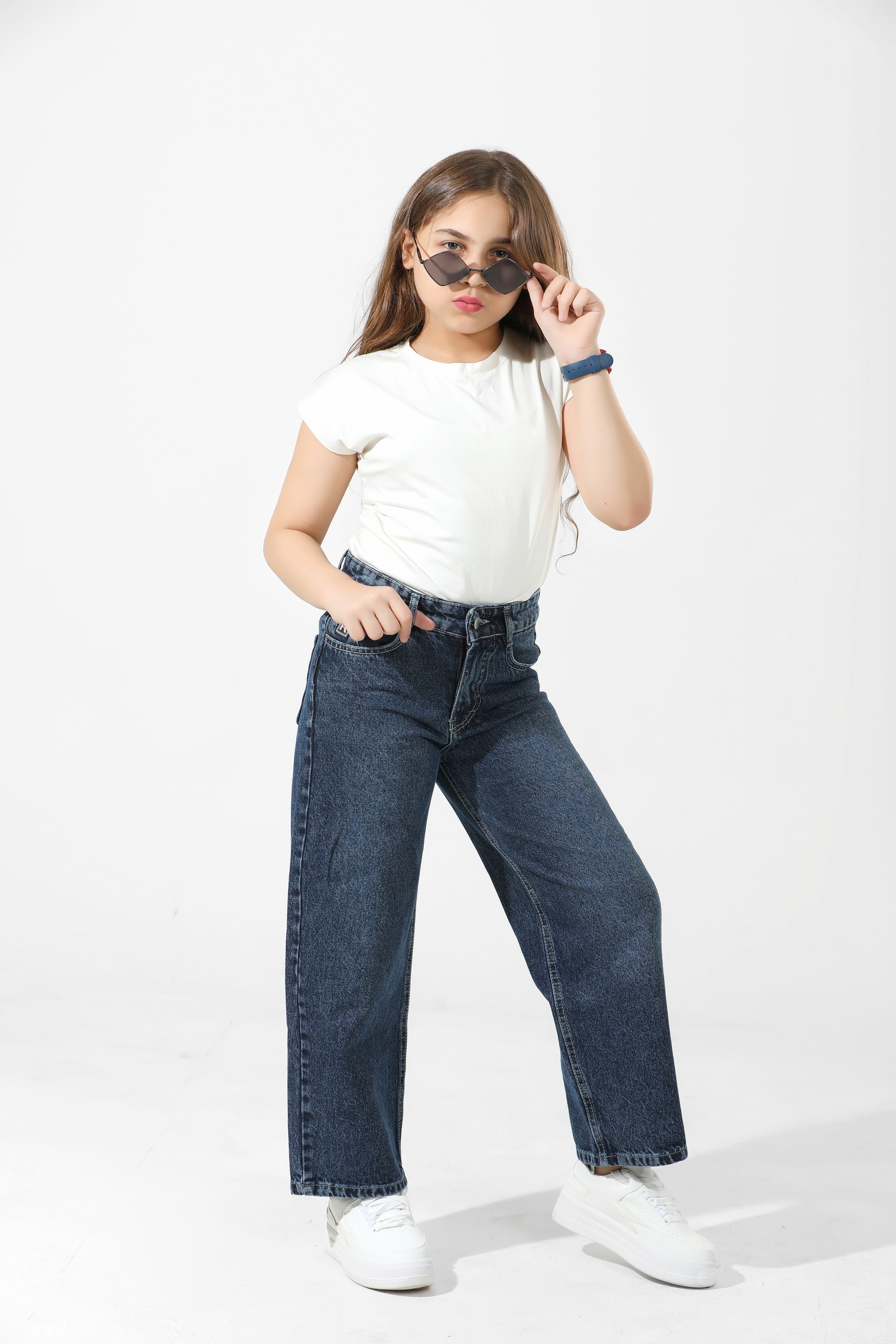 Girls Relaxed Fit WIDE LEG  Jeans (Dark Wash)