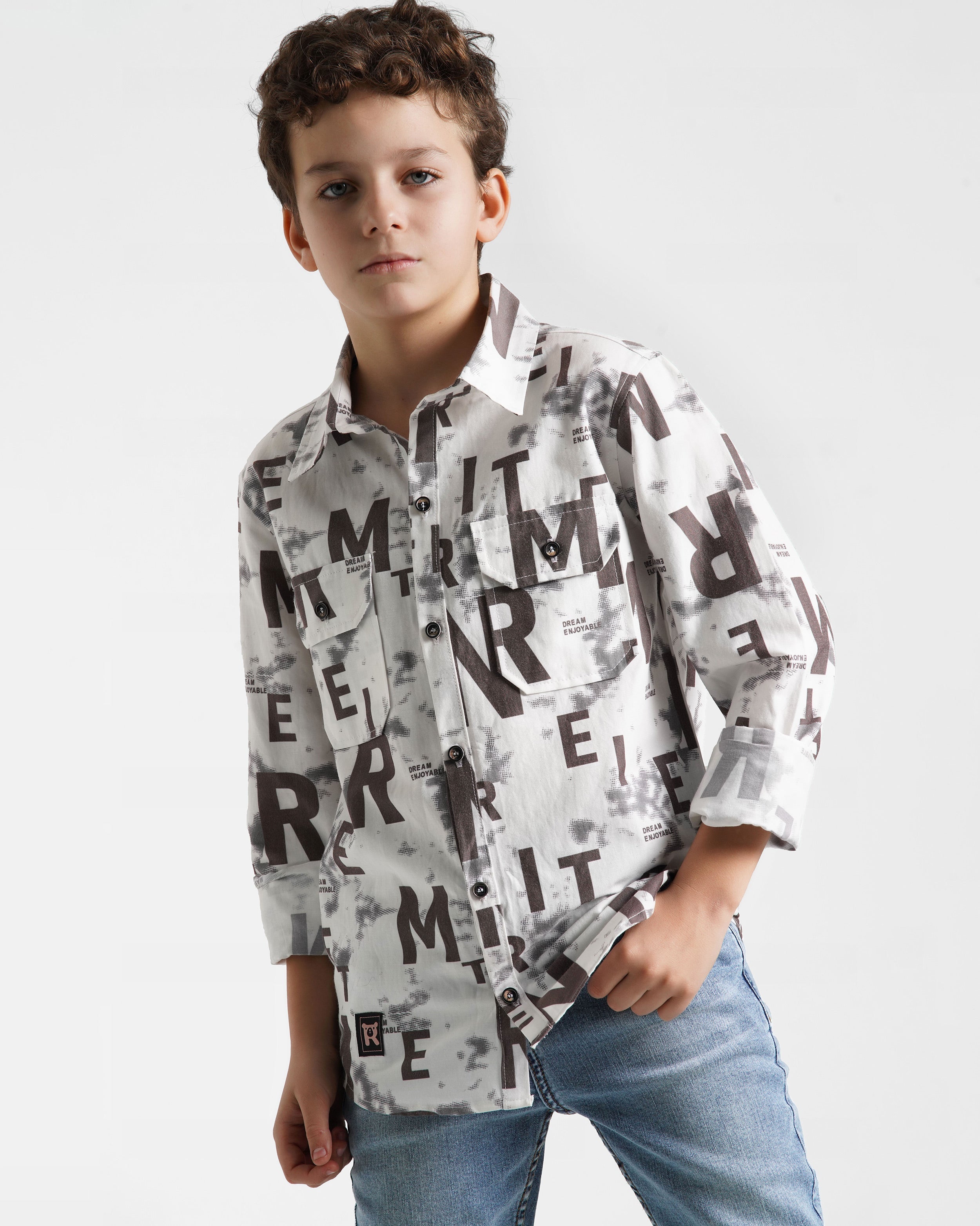 Boys Bold Letter Print Button-Up Shirt | Patterned 913 - Remint Kids Fashion